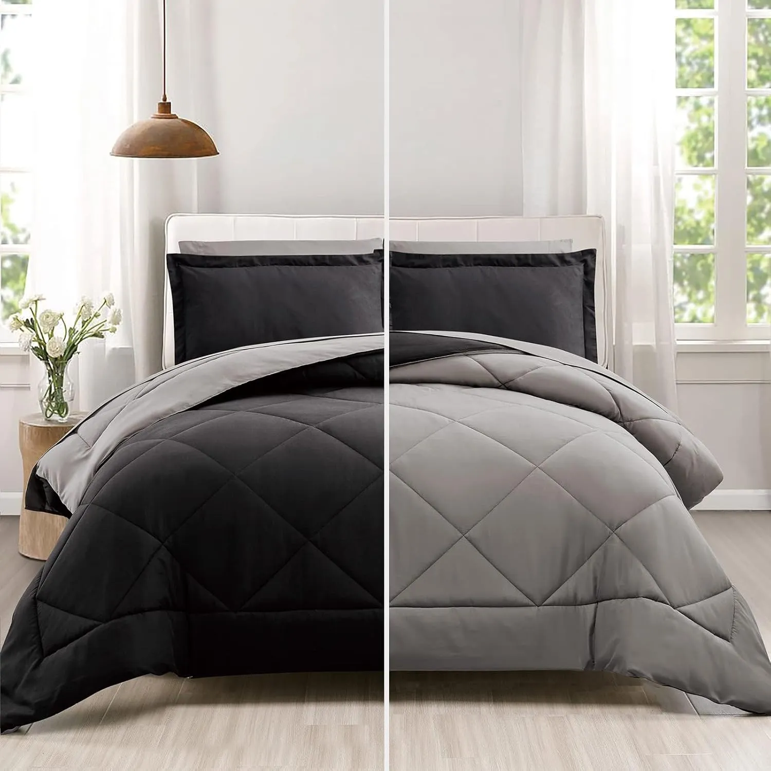Furnishh King Size 7 Pieces Comforter Set Bed in a Bag, Reversible Bed Set with Comforter, Flat Sheet, Fitted Sheet, Pillowcases & Shams, Black and Grey Bedding Sets for King Bed