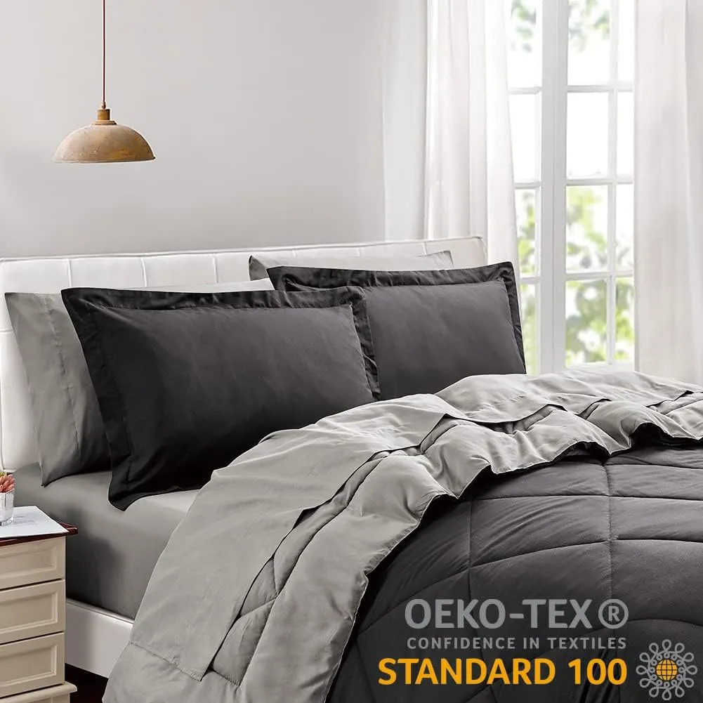 Furnishh King Size 7 Pieces Comforter Set Bed in a Bag, Reversible Bed Set with Comforter, Flat Sheet, Fitted Sheet, Pillowcases & Shams, Black and Grey Bedding Sets for King Bed