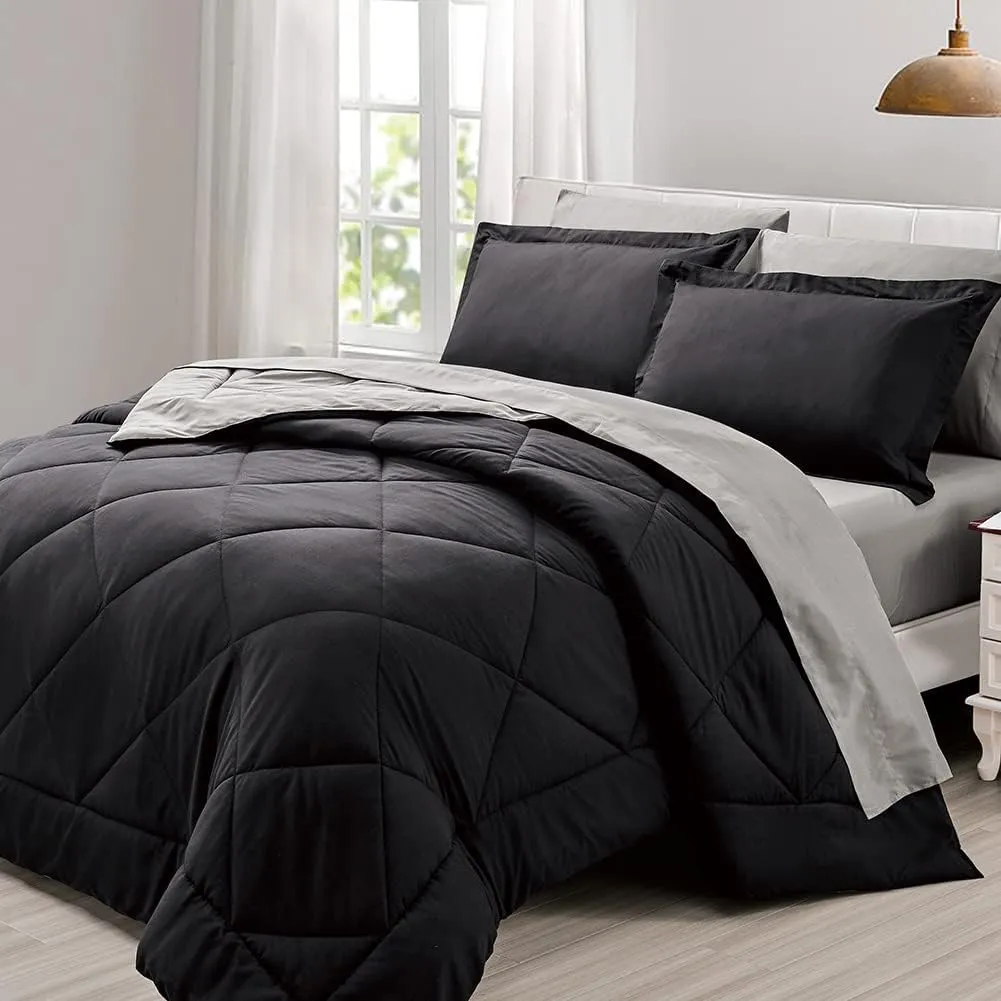Furnishh King Size 7 Pieces Comforter Set Bed in a Bag, Reversible Bed Set with Comforter, Flat Sheet, Fitted Sheet, Pillowcases & Shams, Black and Grey Bedding Sets for King Bed