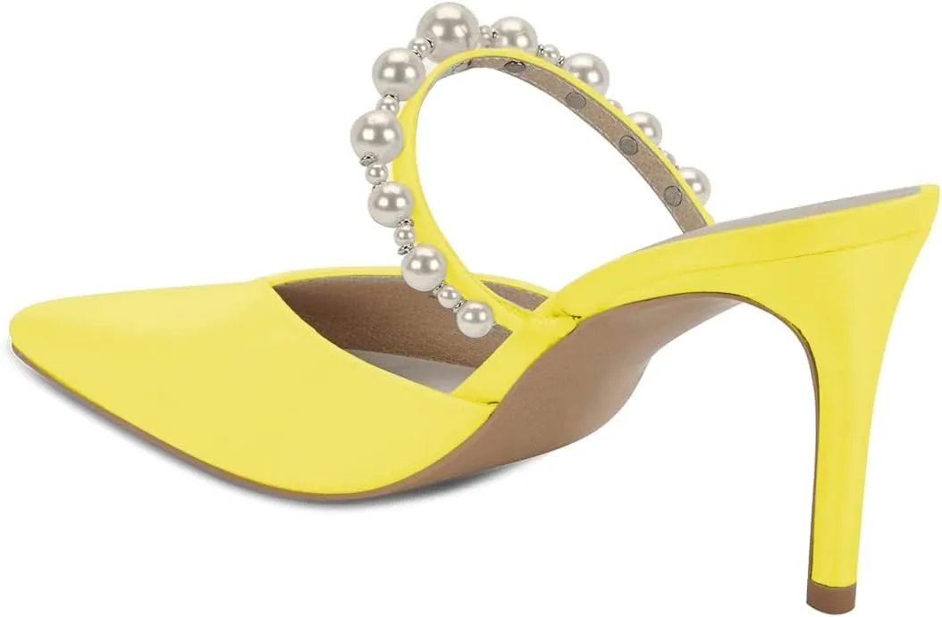 FYS Women Pointed Toe Pearl Strap Mules Slip on Stiletto High Heels Dressy Summer Inddor Outddor Shoes Size 4-15 US