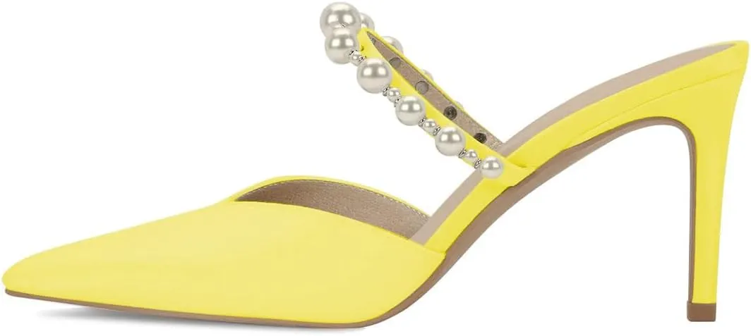FYS Women Pointed Toe Pearl Strap Mules Slip on Stiletto High Heels Dressy Summer Inddor Outddor Shoes Size 4-15 US