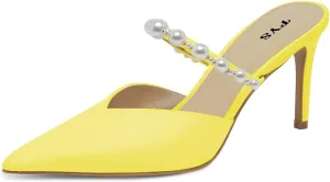 FYS Women Pointed Toe Pearl Strap Mules Slip on Stiletto High Heels Dressy Summer Inddor Outddor Shoes Size 4-15 US