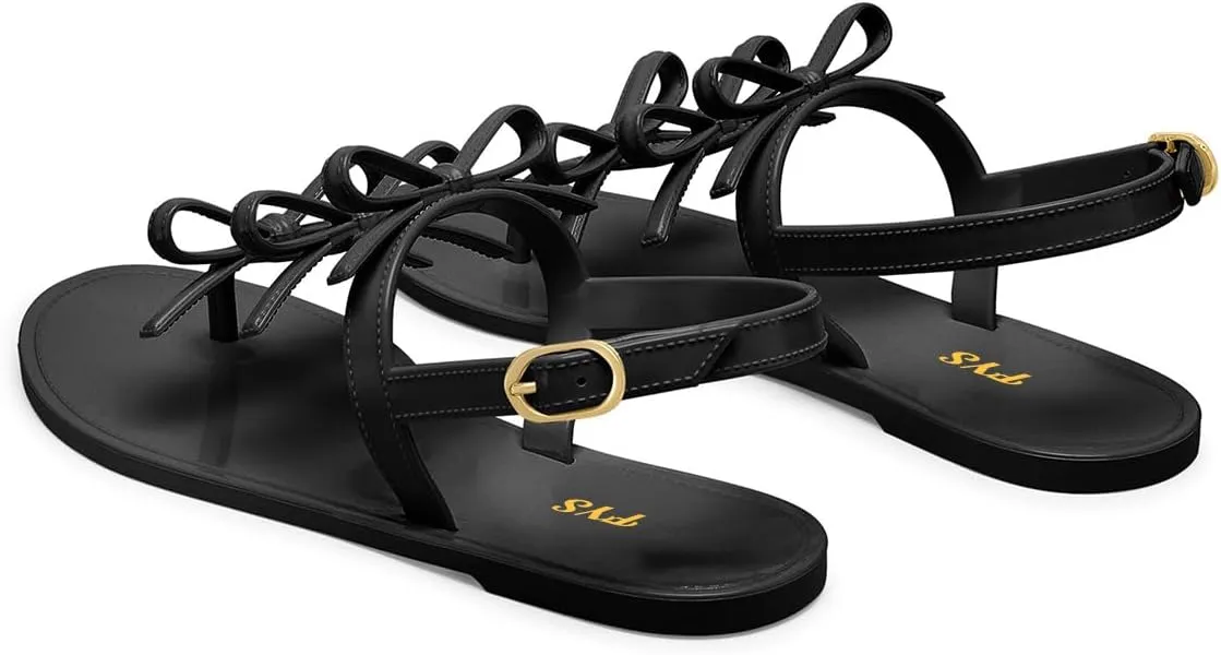 FYS Women's Round Split Toe Sandals Bows Comfortable Flat Slingbacks Casual Beach Street Summer Shoes Size 4-16 US