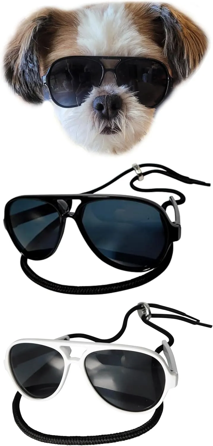 G029 Dog Cat Pet Aviator Pilot Sunglasses Glasses for Small Breeds up to 15lbs (2-Pack Black   White)