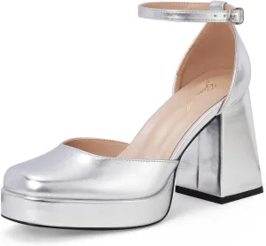 GENSHUO Women's Platform Chunky Heel Pumps - 4 Inches Closed Square Toe Heels with Ankle Strap Dress Wedding Party Shoes