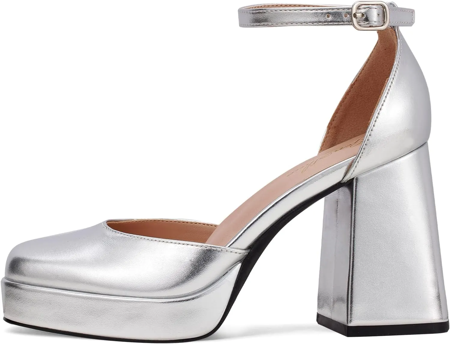 GENSHUO Women's Platform Chunky Heel Pumps - 4 Inches Closed Square Toe Heels with Ankle Strap Dress Wedding Party Shoes