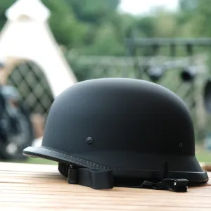German Novelty Cap Basic Flat Black German Style Motorcycle Half Helmet with Adjustable Chin Strap