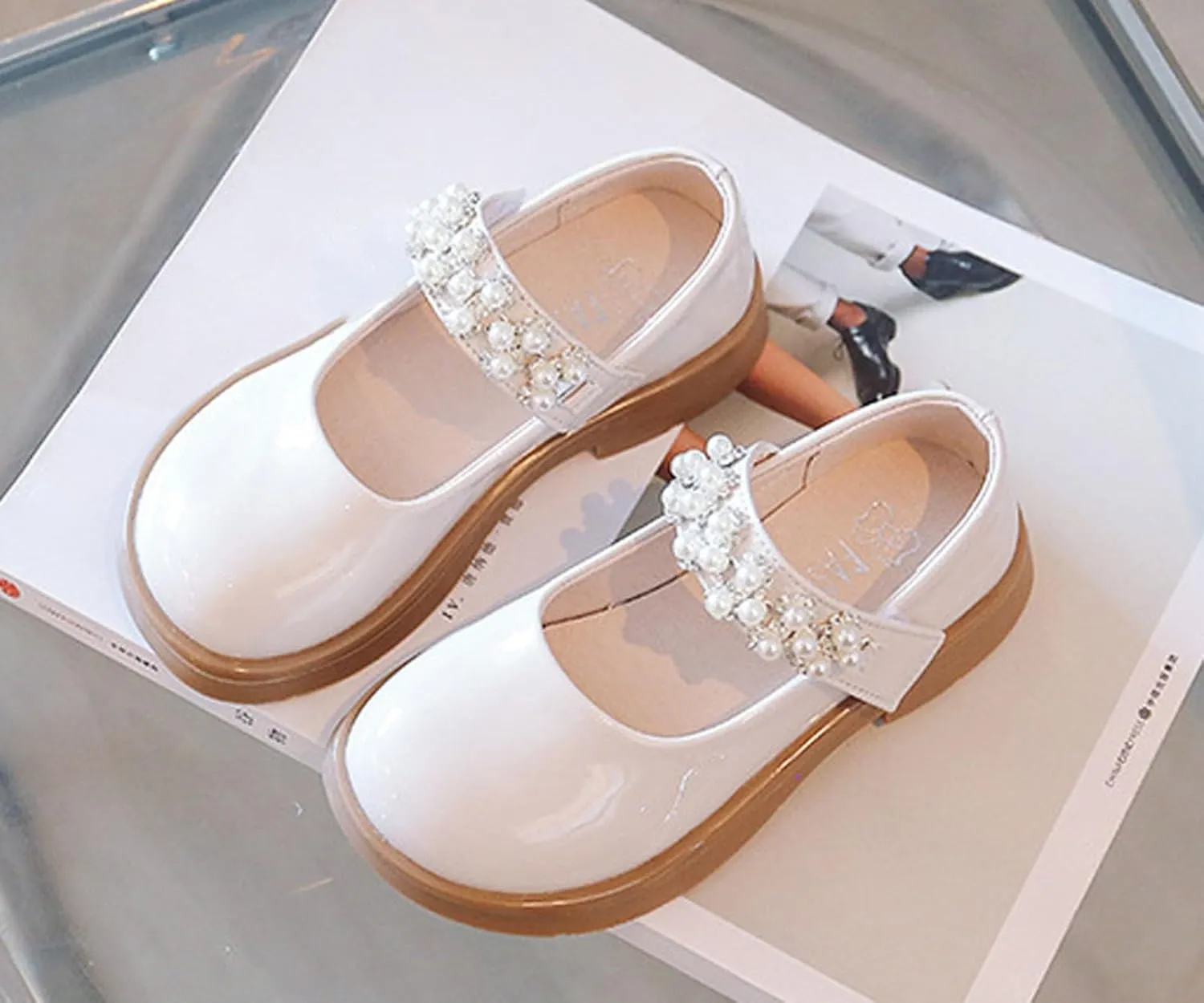 Girl's Mary Jane Dress Shoes Ballet Flat with Rhinestone Strap for Party Wedding School Toddler Patent Leather Shoes