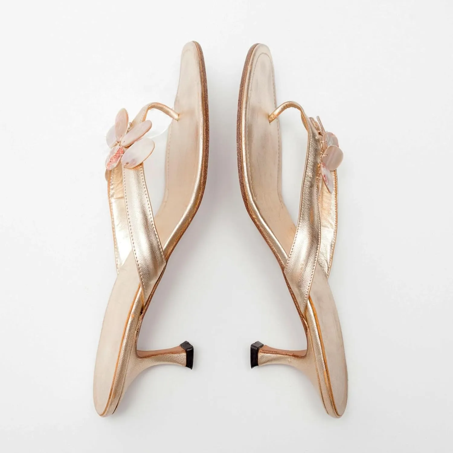 Goolita Summer Women's Metallic Shell Sheet Kitten Heels Flip Flops Open Round Toe Strappy Thong Slide Heeled Sandals Comfort Prom Party Mules Heels