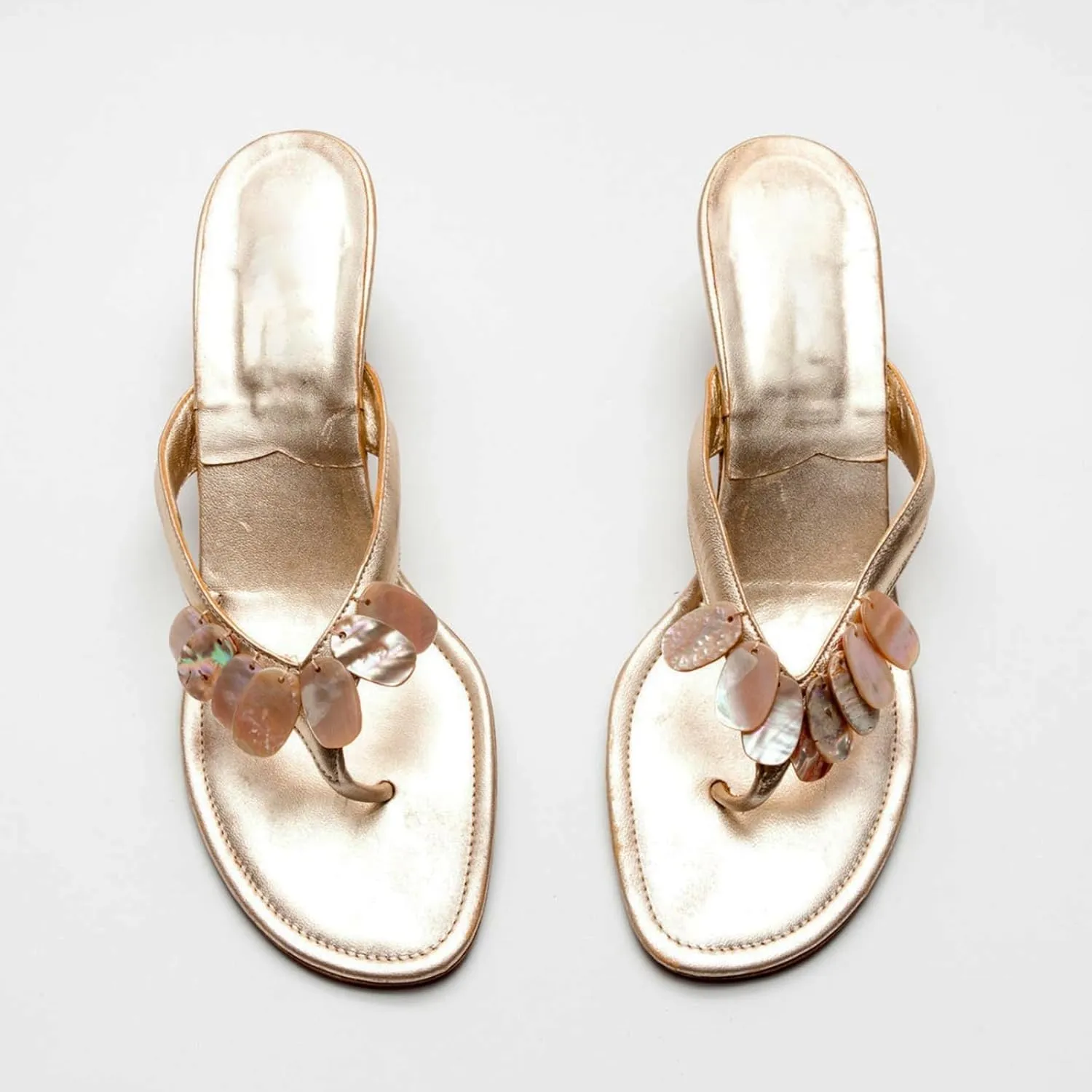 Goolita Summer Women's Metallic Shell Sheet Kitten Heels Flip Flops Open Round Toe Strappy Thong Slide Heeled Sandals Comfort Prom Party Mules Heels