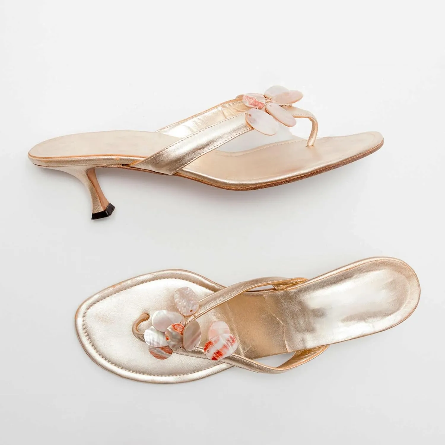 Goolita Summer Women's Metallic Shell Sheet Kitten Heels Flip Flops Open Round Toe Strappy Thong Slide Heeled Sandals Comfort Prom Party Mules Heels