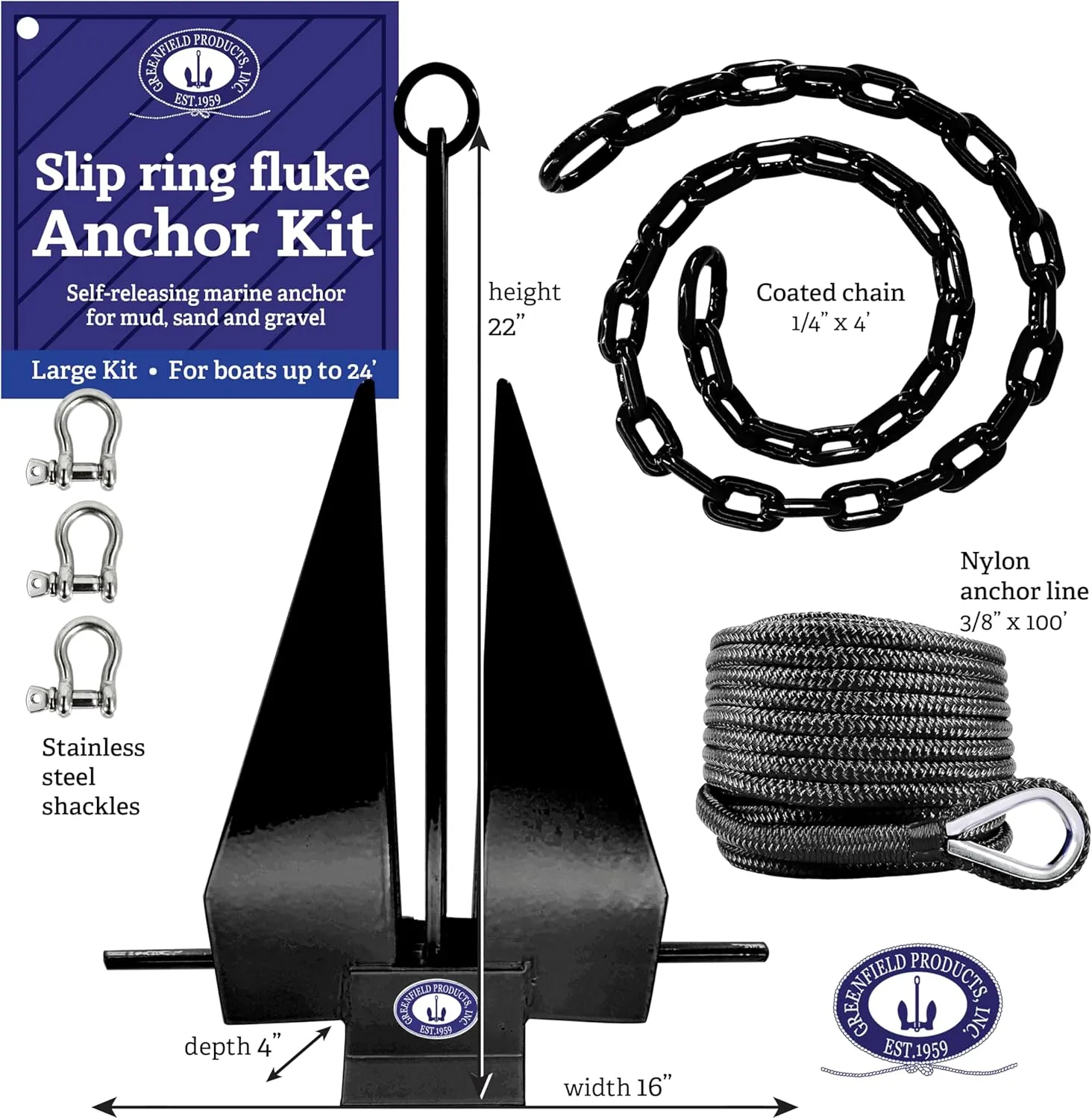 Greenfield Complete Fluke Anchor Kit – American-Made, Includes Chain, 100ft Rope & Shackles | Sizes for Boats up to 16' & 24'