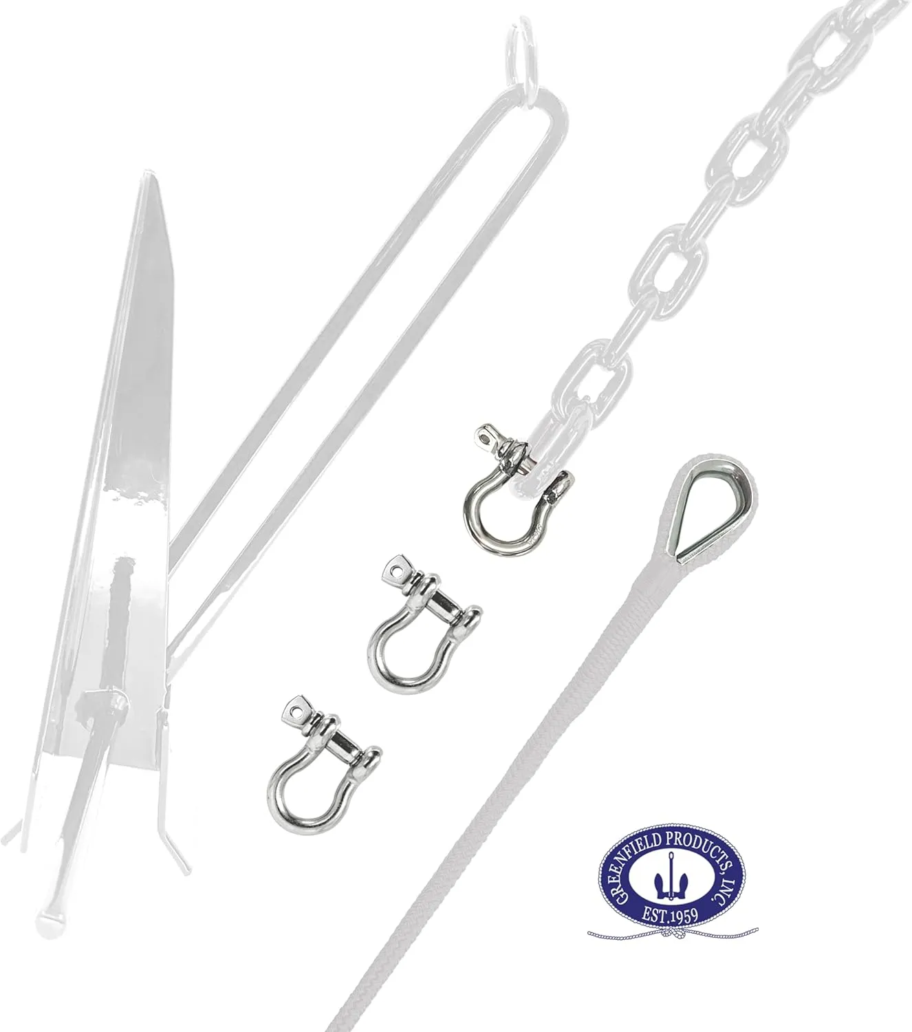 Greenfield Complete Fluke Anchor Kit – American-Made, Includes Chain, 100ft Rope & Shackles | Sizes for Boats up to 16' & 24'