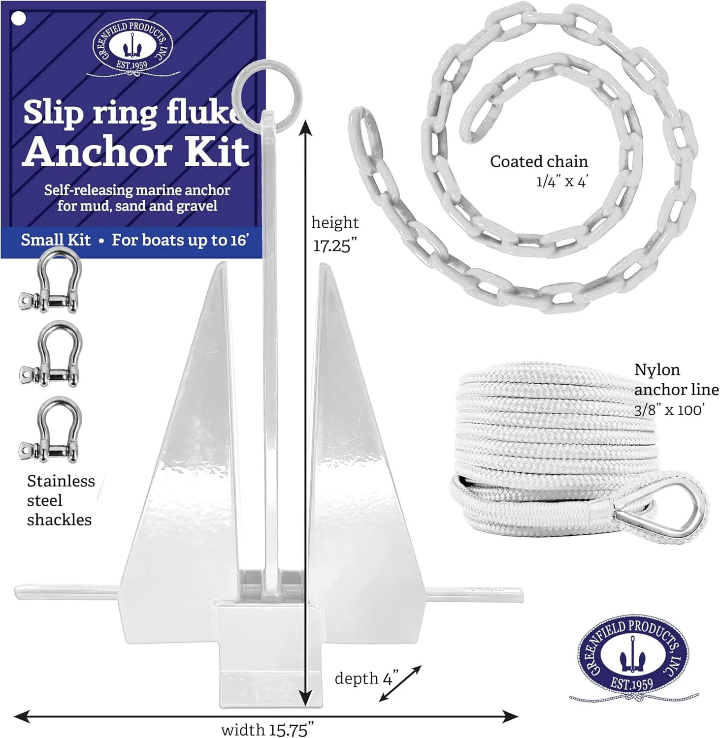 Greenfield Complete Fluke Anchor Kit – American-Made, Includes Chain, 100ft Rope & Shackles | Sizes for Boats up to 16' & 24'