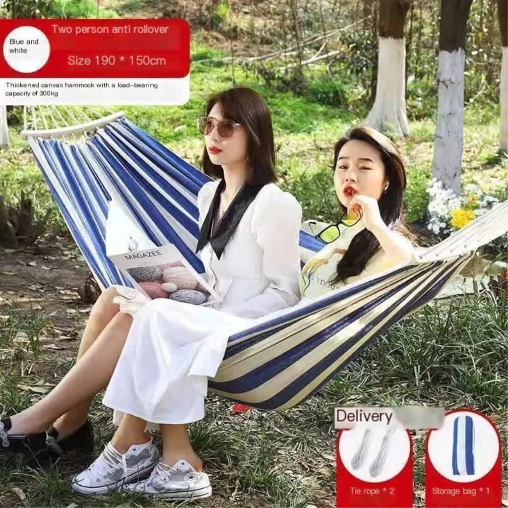 Hammock Outdoor Thickened Canvas Outdoor Bent Wooden Stick Hanging Sheet Double Hammock Swing Dormitory Camping Hammocks for Outside(C)