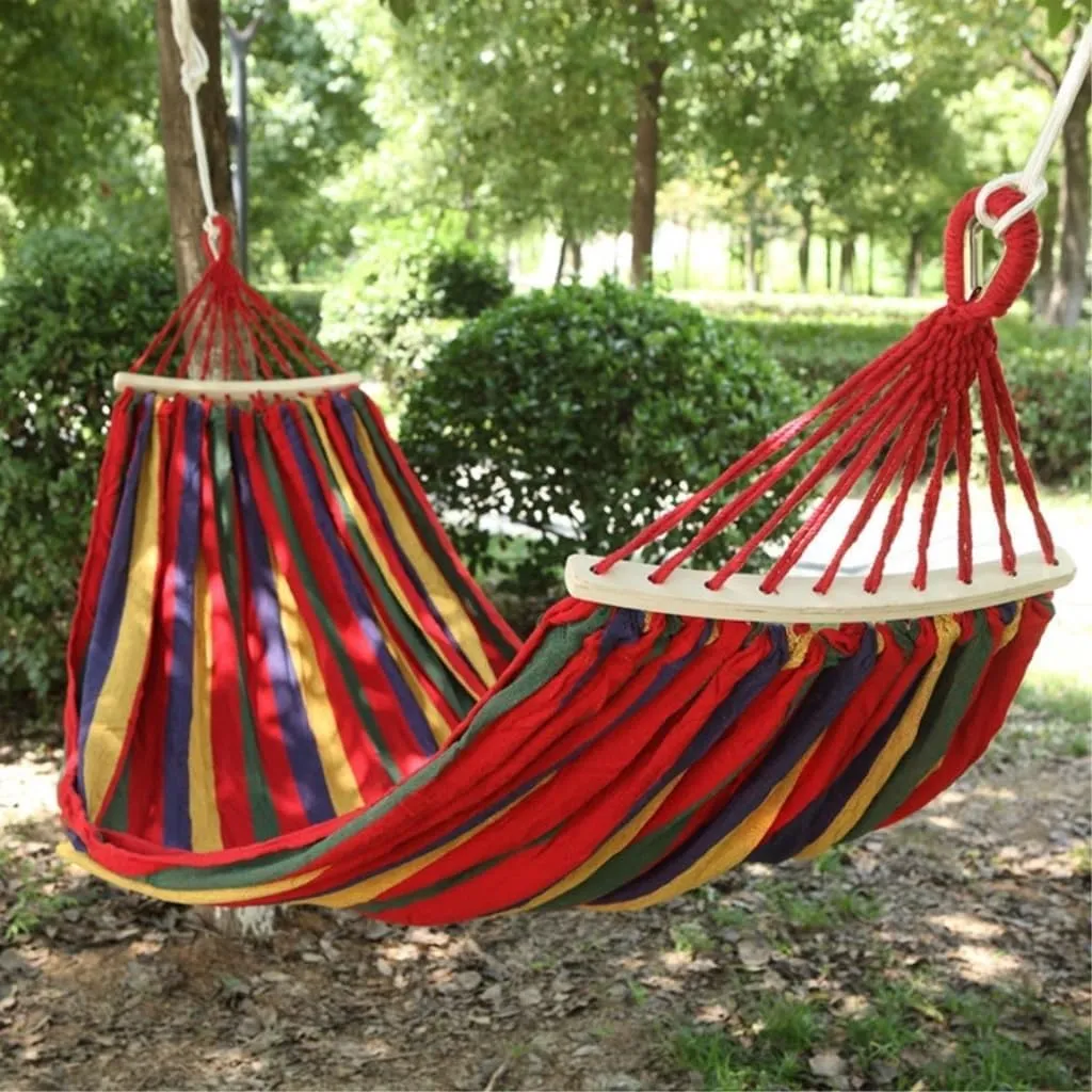 Hammock Outdoor Thickened Canvas Outdoor Bent Wooden Stick Hanging Sheet Double Hammock Swing Dormitory Camping Hammocks for Outside(Red,B)