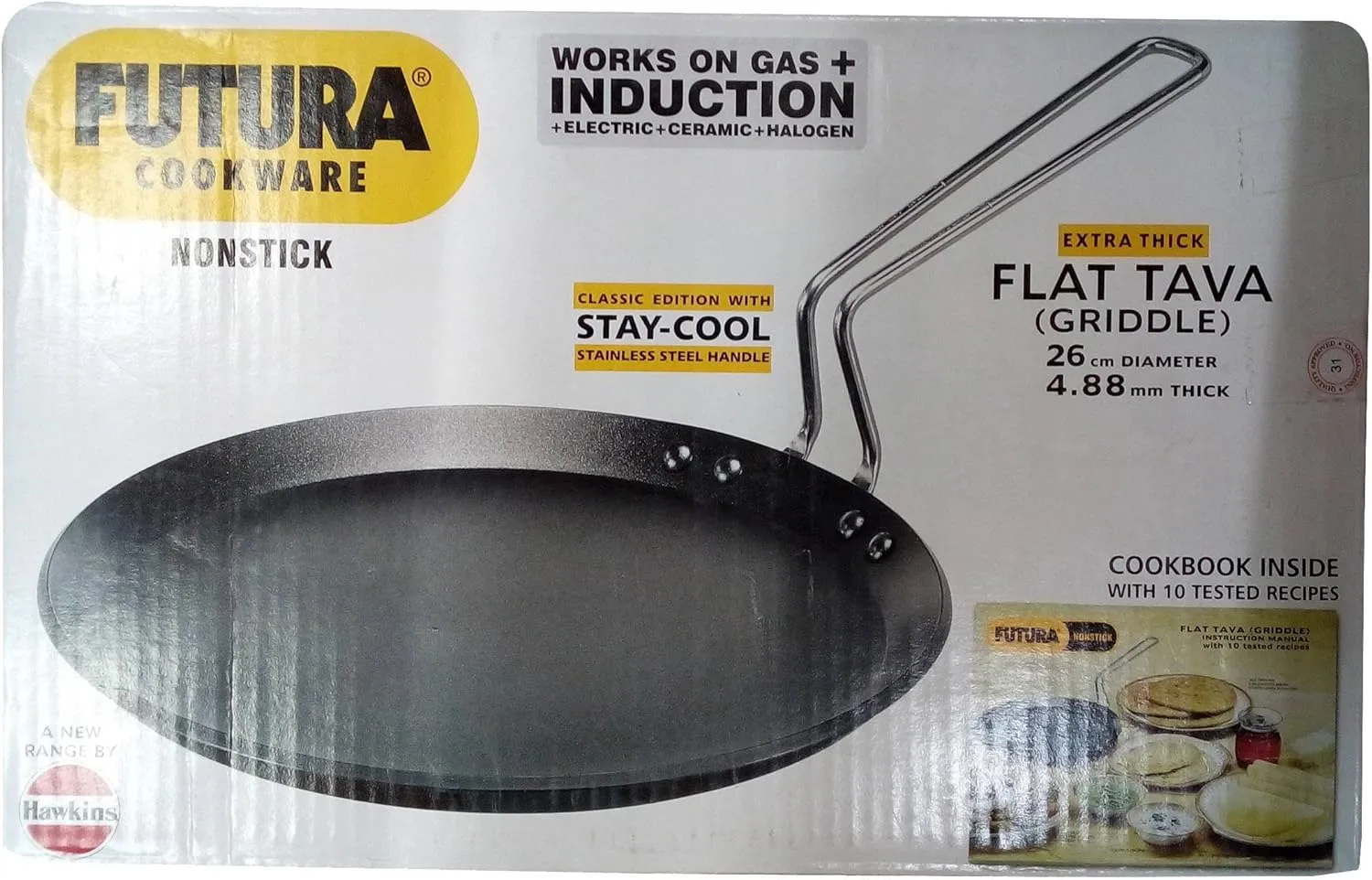 Hawkins Futura aluminium Nonstick Induction Compatible Flat Tava, Diameter 26 cm, Thickness 4.88 mm, Black (INFT26)