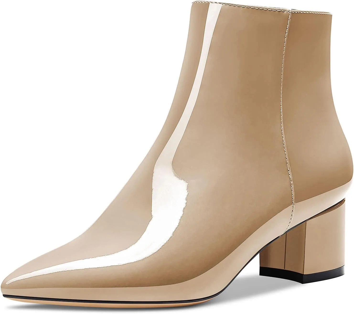 HDEUOLM Women Chunky Block Heel Pointed Toe Ankle Boots Short Bootie Zipper Slip-on Classic Dress Boots 2.0 Inches Heels