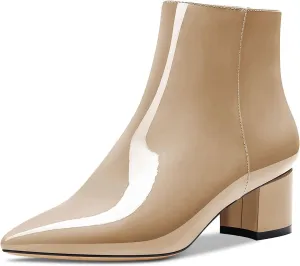 HDEUOLM Women Chunky Block Heel Pointed Toe Ankle Boots Short Bootie Zipper Slip-on Classic Dress Boots 2.0 Inches Heels