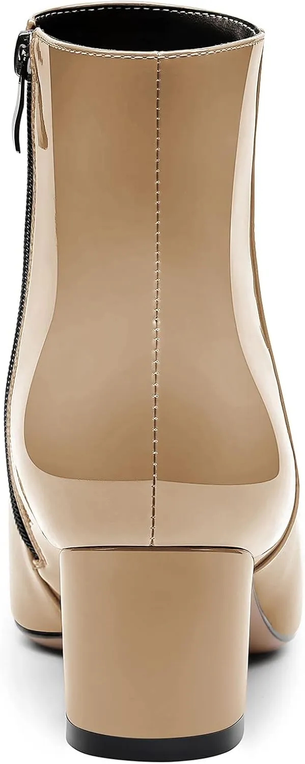 HDEUOLM Women Chunky Block Heel Pointed Toe Ankle Boots Short Bootie Zipper Slip-on Classic Dress Boots 2.0 Inches Heels