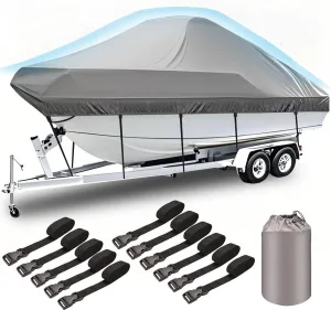 Heavy Duty 600D Boat Cover, Waterproof & UV Resistant, Fits 17-19 ft V-Hull, Tri-Hull, Bass Boats – Trailerable Marine Grade Cover with Adjustable Straps for All-Weather Protection