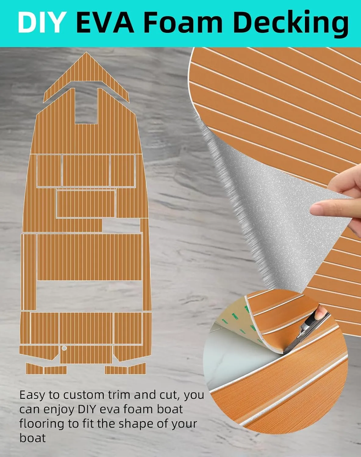 Hjdeck Boat Flooring EVA Foam Boat Decking with 3M Self-Adhesive Backing, Boat Foam Flooring Marine Carpet Faux Teak Sheet for Yacht Fishing Boat Kayak Motorboat RV Floor Helm Pad