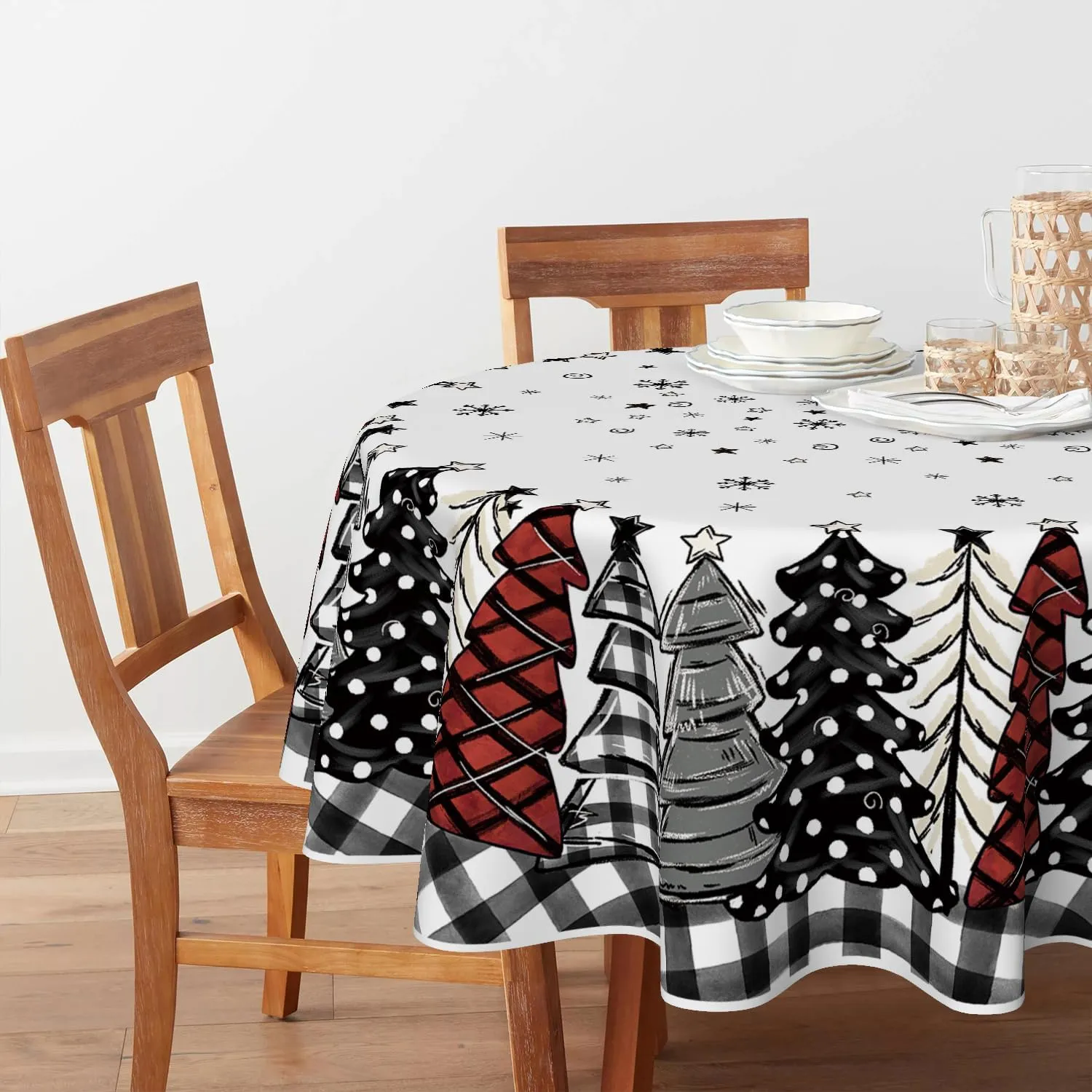 Horaldaily Christmas Tablecloth 70×70 Inch Round, Christmas Trees Buffalo Plaid Black Washable Table Cover for Party Picnic Dinner Decor