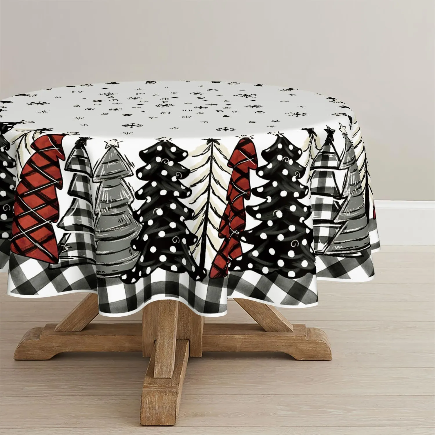 Horaldaily Christmas Tablecloth 70×70 Inch Round, Christmas Trees Buffalo Plaid Black Washable Table Cover for Party Picnic Dinner Decor