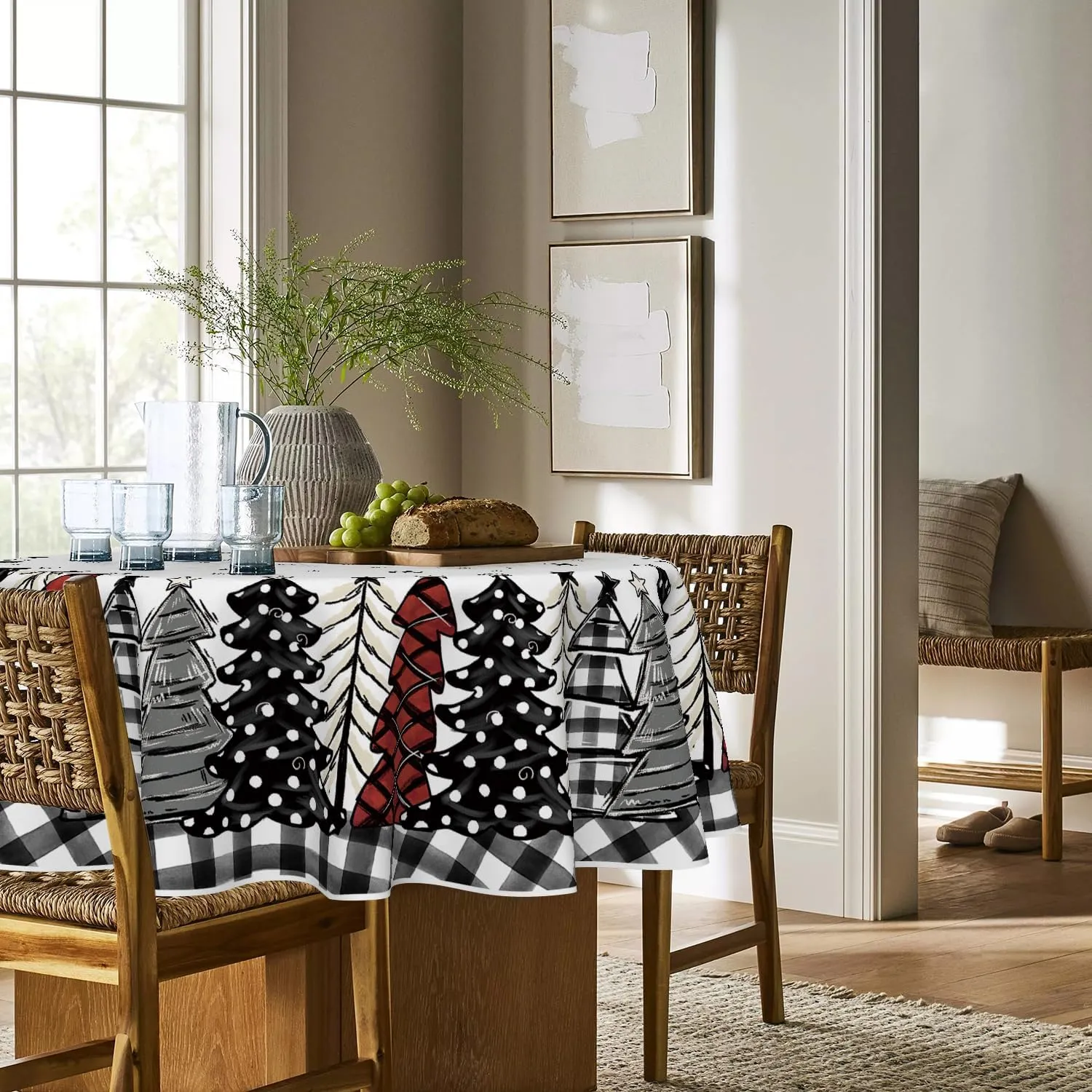 Horaldaily Christmas Tablecloth 70×70 Inch Round, Christmas Trees Buffalo Plaid Black Washable Table Cover for Party Picnic Dinner Decor