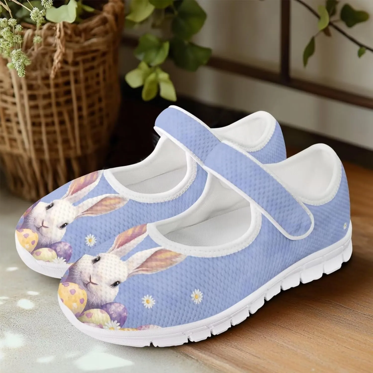 Howilath Easter Bunny Print Women's Ballet Flats Round Toe Mary Janes Ballerina Shoes with Magic Sticker