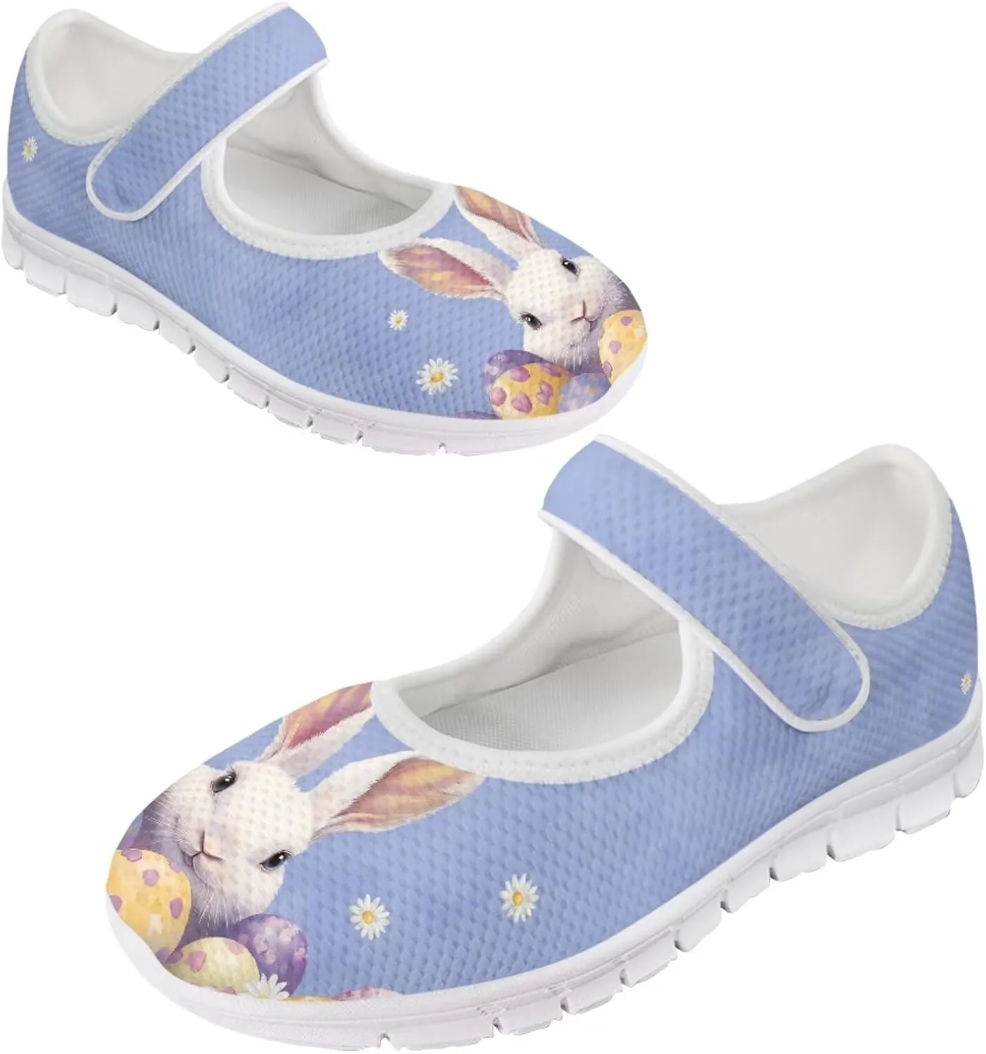 Howilath Easter Bunny Print Women's Ballet Flats Round Toe Mary Janes Ballerina Shoes with Magic Sticker