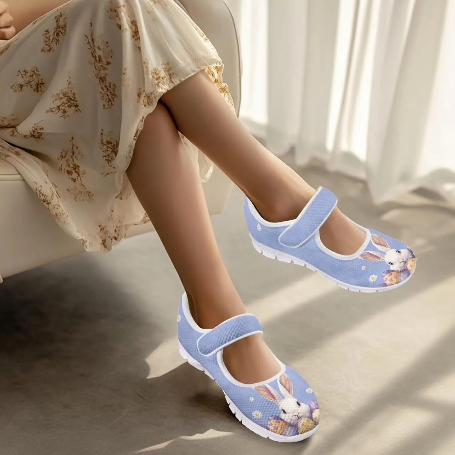 Howilath Easter Bunny Print Women's Ballet Flats Round Toe Mary Janes Ballerina Shoes with Magic Sticker