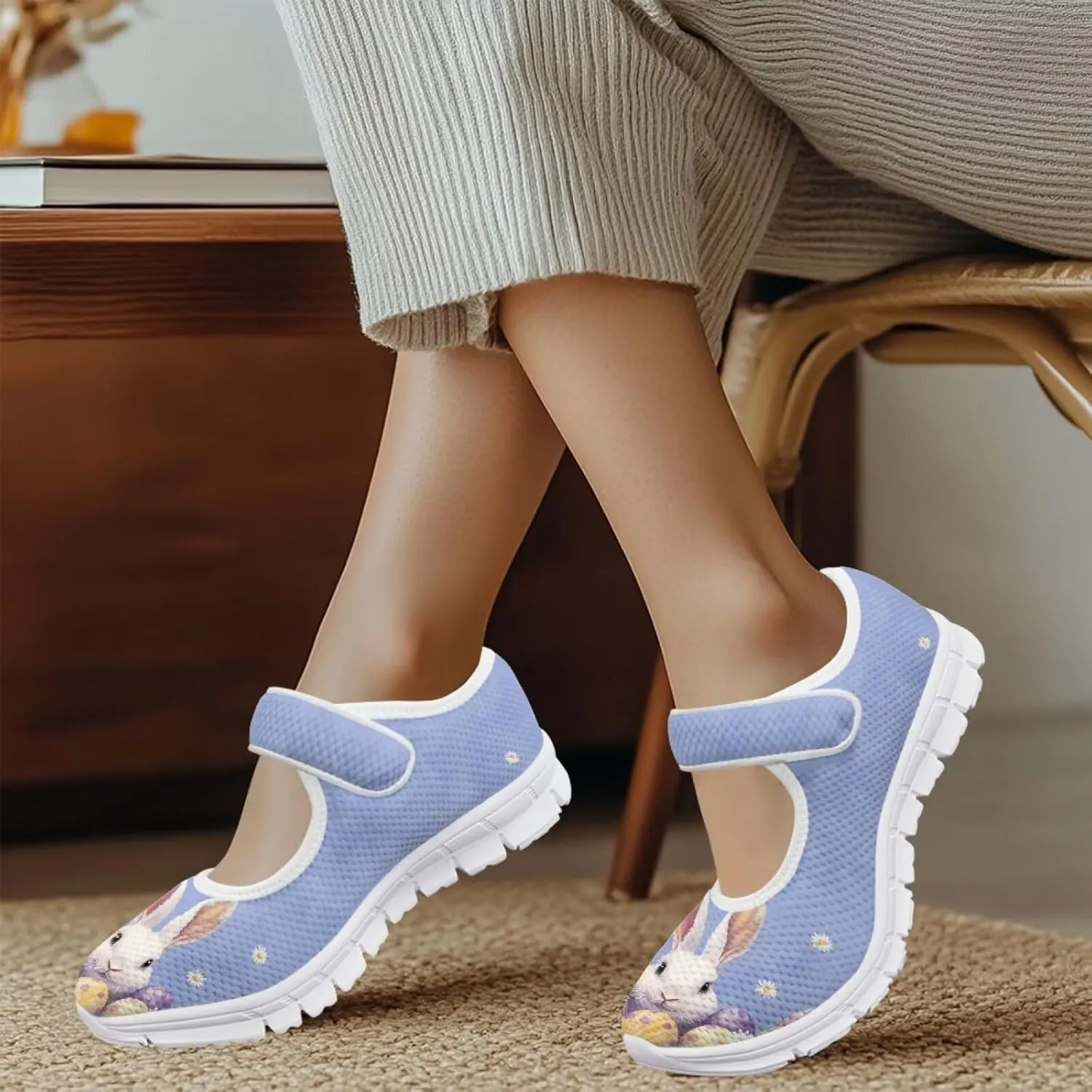Howilath Easter Bunny Print Women's Ballet Flats Round Toe Mary Janes Ballerina Shoes with Magic Sticker