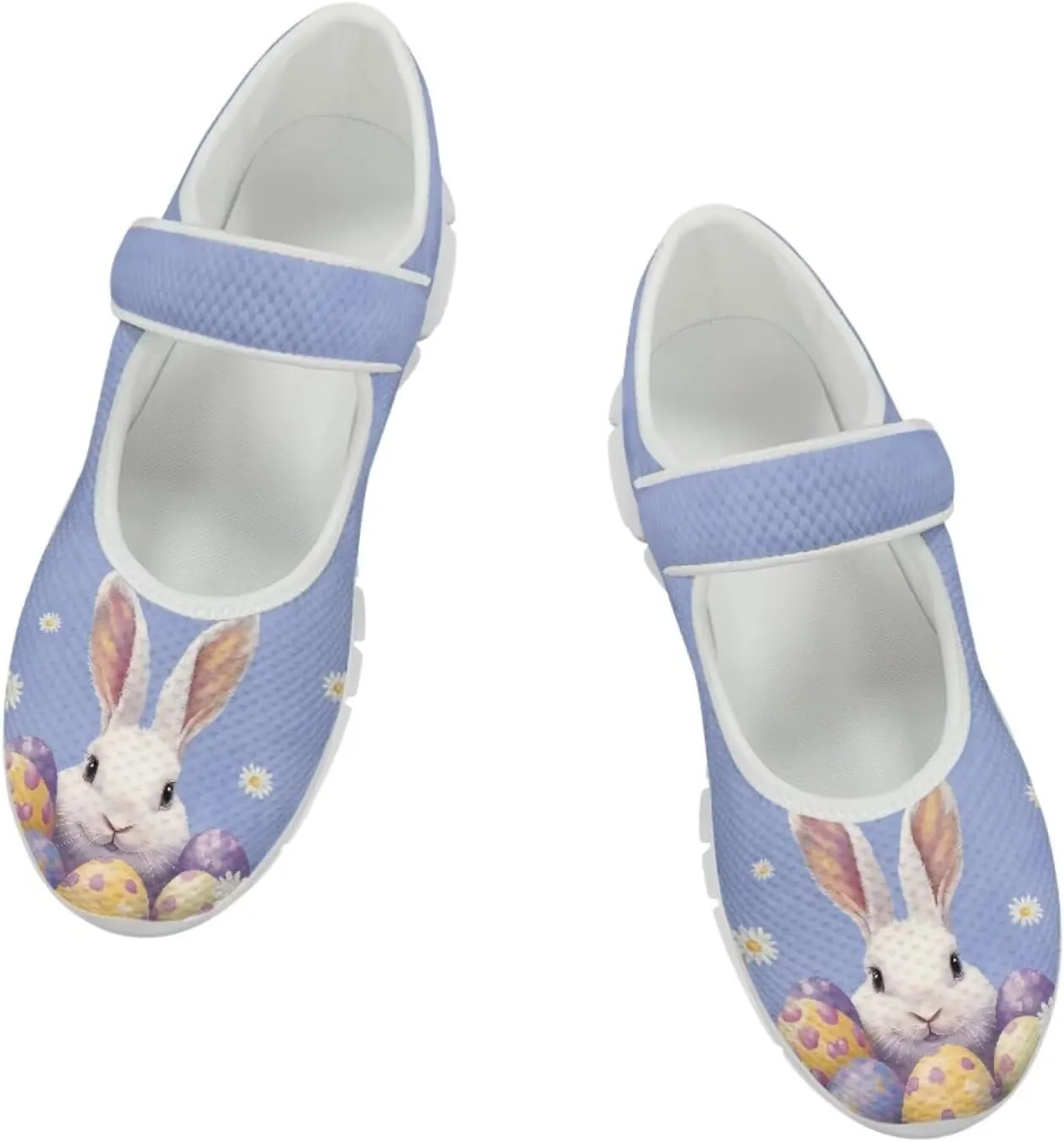 Howilath Easter Bunny Print Women's Ballet Flats Round Toe Mary Janes Ballerina Shoes with Magic Sticker