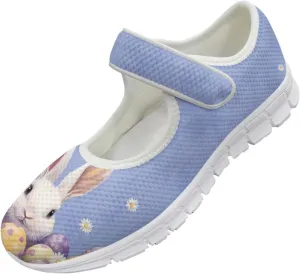 Howilath Easter Bunny Print Women's Ballet Flats Round Toe Mary Janes Ballerina Shoes with Magic Sticker