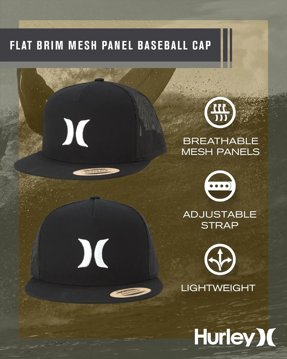 Hurley Men's Caps - Flat Brim Mesh Panel Baseball Cap Trucker Hat - Snap Back Hats for Men