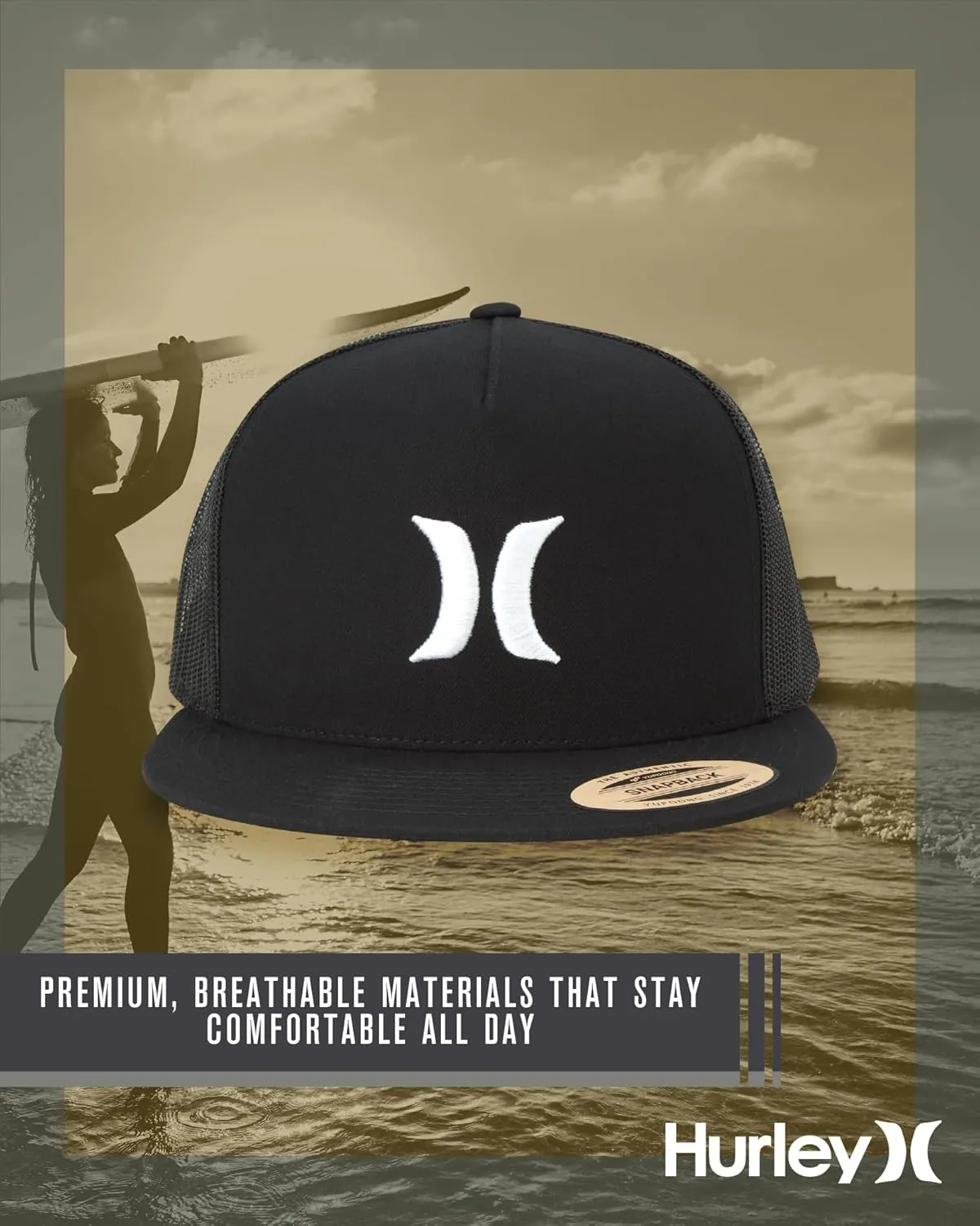 Hurley Men's Caps - Flat Brim Mesh Panel Baseball Cap Trucker Hat - Snap Back Hats for Men