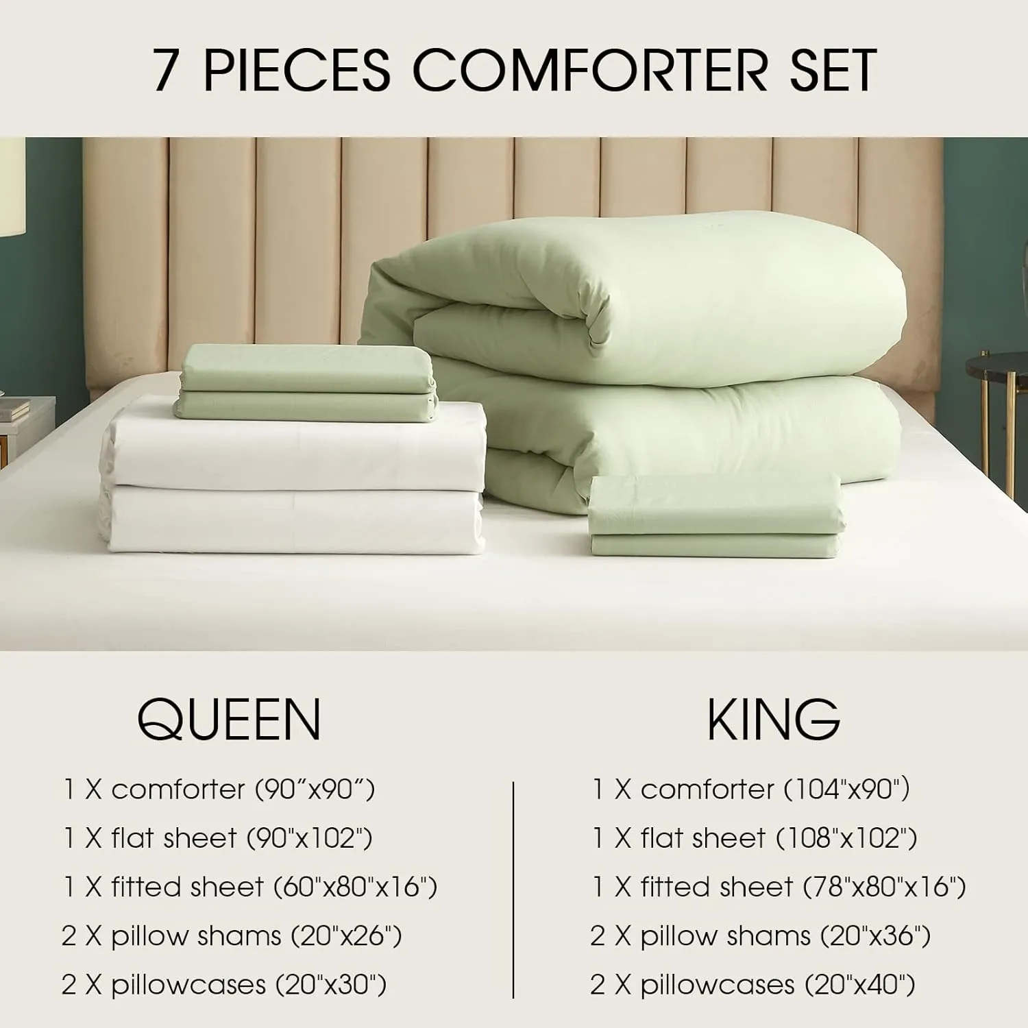 HYPREST 7 Pieces Queen Bed in A Bag with Sheets, Sage Green Comforter Sets for Queen Bed Soft Lightweight, Rustic Farmhouse Comforter Set for Women All Season (Oeko-Tex Certified)