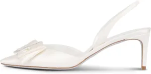 iadore Women's Middle Heel Sandals, 2.4'' Satin Closed Pointed Toe Square Crystal Buckle Bowknot Slip-on Elastic Slingback Pumps Evening Party Dress Shoes