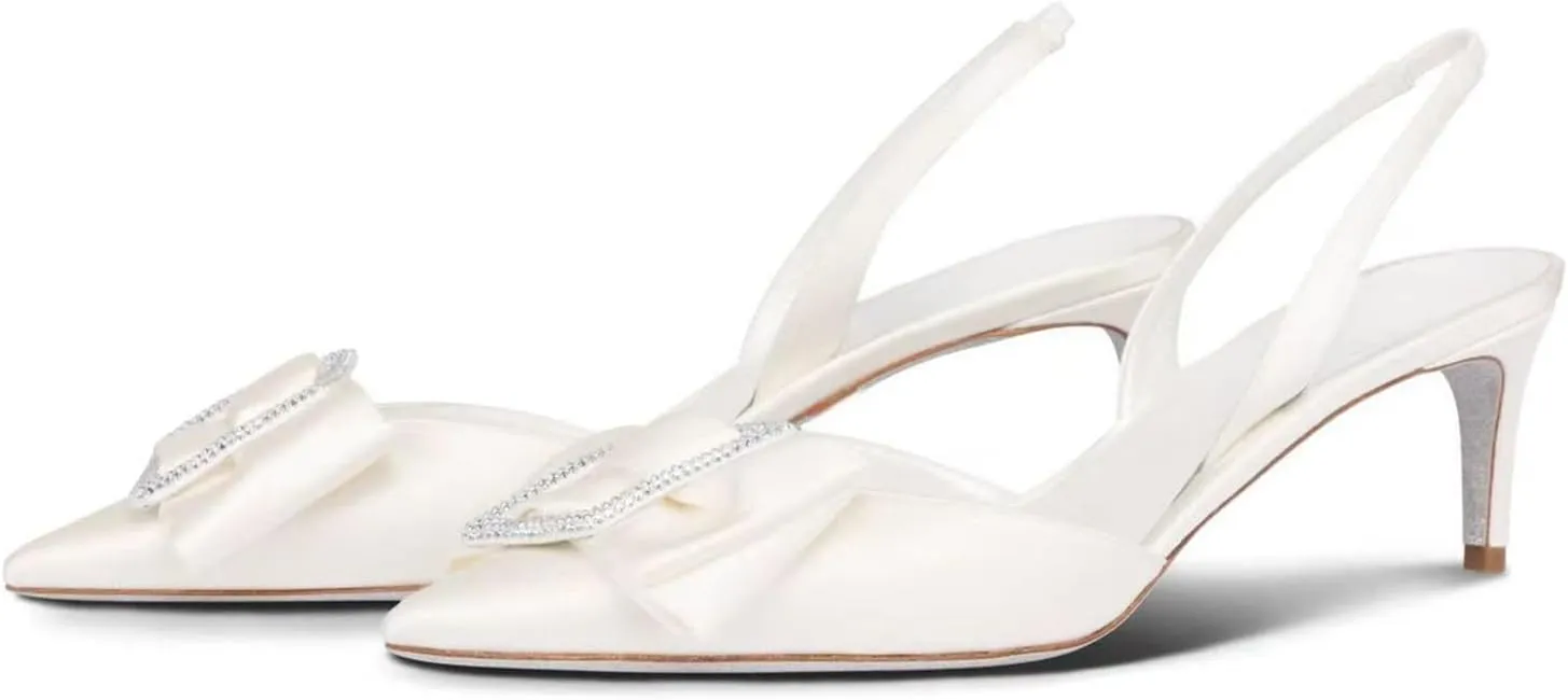 iadore Women's Middle Heel Sandals, 2.4'' Satin Closed Pointed Toe Square Crystal Buckle Bowknot Slip-on Elastic Slingback Pumps Evening Party Dress Shoes