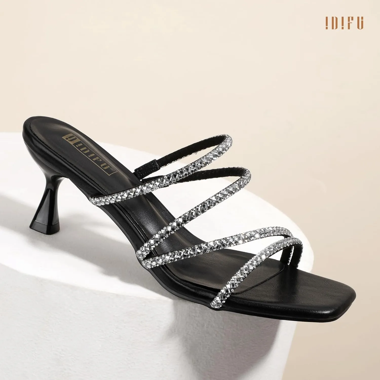IDIFU IN2 Rhinestone Heels Strappy Low Kitten Square Open Toe Mule Heels Wedding Bridal Prom Party Dress Shoes for Women Comfortable Dressy Formal Sparkly Slip On Heeled Sandals