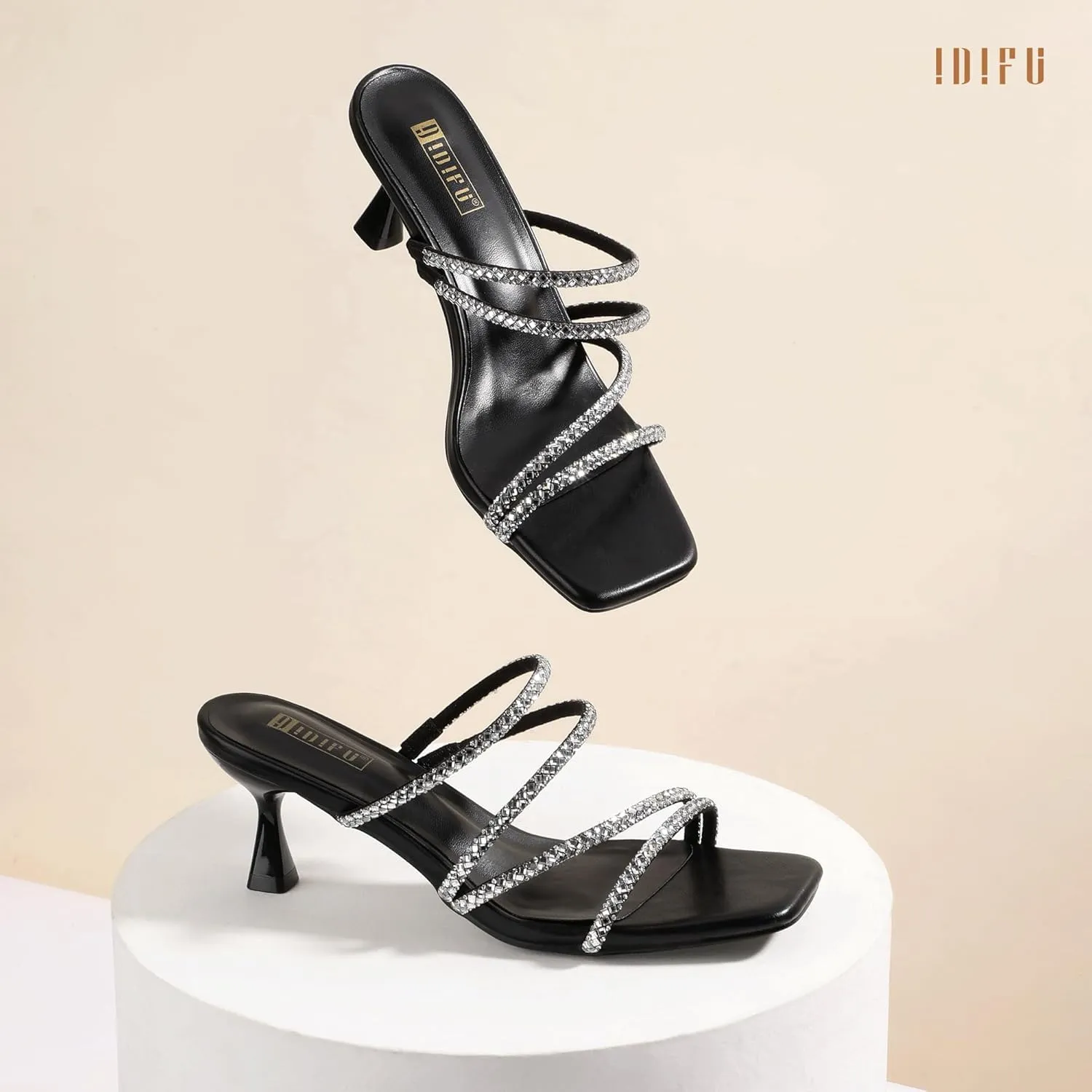 IDIFU IN2 Rhinestone Heels Strappy Low Kitten Square Open Toe Mule Heels Wedding Bridal Prom Party Dress Shoes for Women Comfortable Dressy Formal Sparkly Slip On Heeled Sandals