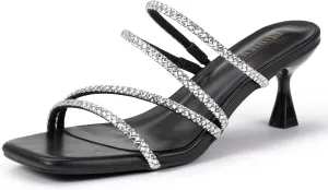 IDIFU IN2 Rhinestone Heels Strappy Low Kitten Square Open Toe Mule Heels Wedding Bridal Prom Party Dress Shoes for Women Comfortable Dressy Formal Sparkly Slip On Heeled Sandals