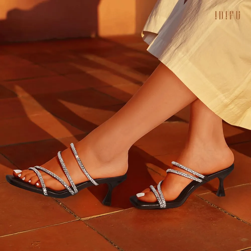 IDIFU IN2 Rhinestone Heels Strappy Low Kitten Square Open Toe Mule Heels Wedding Bridal Prom Party Dress Shoes for Women Comfortable Dressy Formal Sparkly Slip On Heeled Sandals