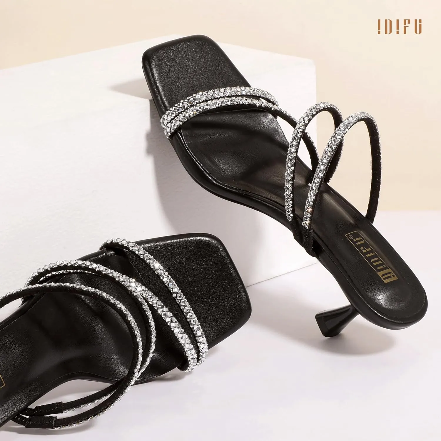 IDIFU IN2 Rhinestone Heels Strappy Low Kitten Square Open Toe Mule Heels Wedding Bridal Prom Party Dress Shoes for Women Comfortable Dressy Formal Sparkly Slip On Heeled Sandals
