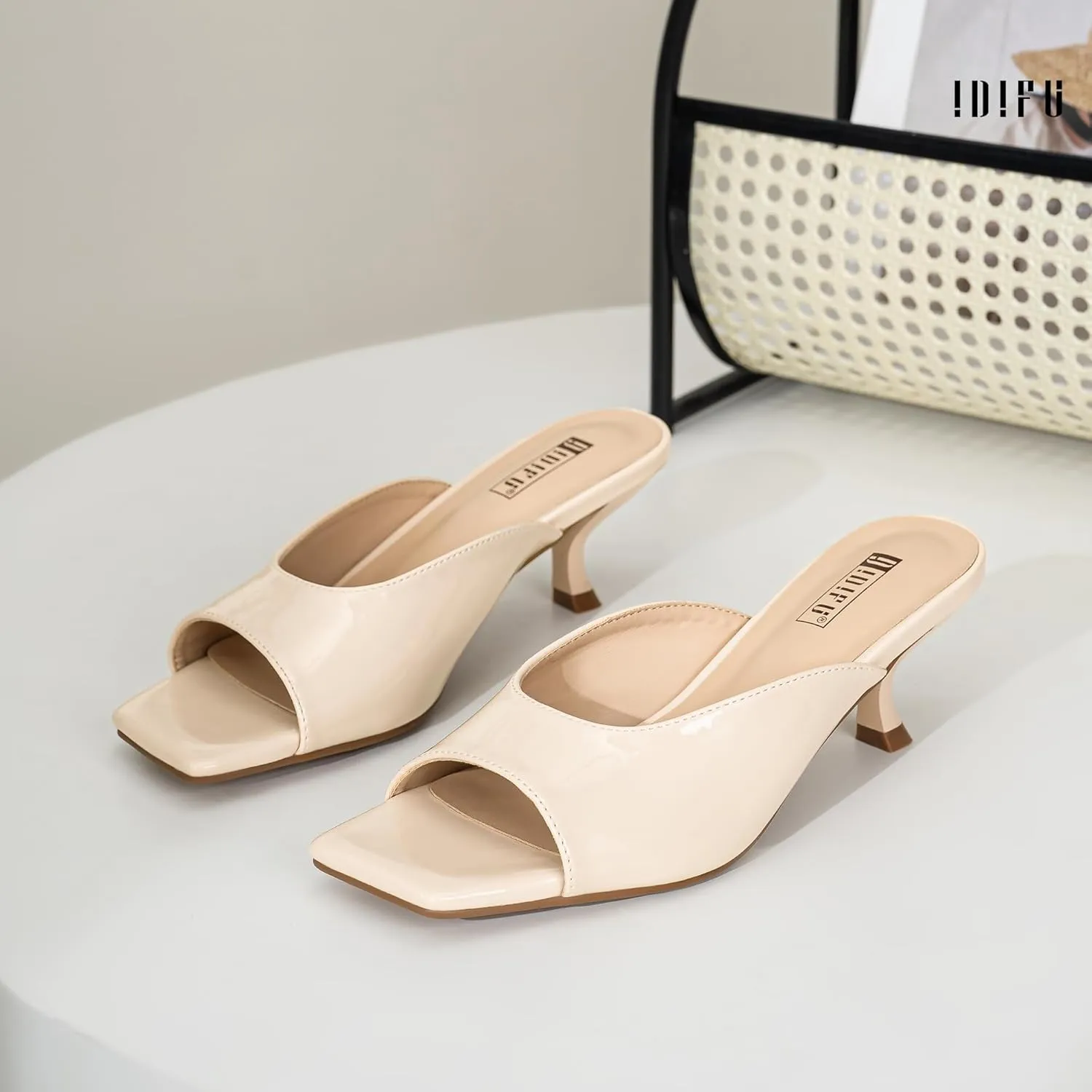 IDIFU IN2 Women's Kitten Heels Open Square Toe Low Heels Sexy Slip On Slide Heeled Sandals Comfortable Wedding Bridal Party Prom Dress Sandals Office Casual Summer Short Mule Heels