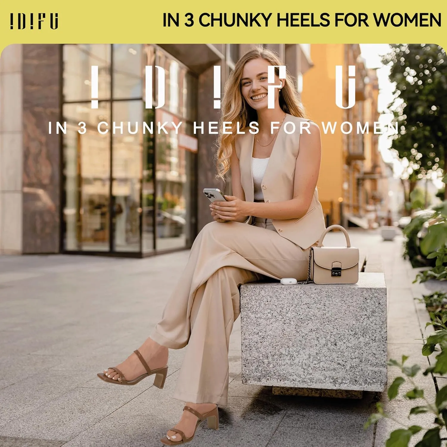 IDIFU IN3 Chunky Heels For Women Low Block Square Open Toe Heels Two Strap Slip On Comfortable Slides Heeled Sandals Sexy Wedding Prom Party Dress Shoes Cute Mule Short Heels