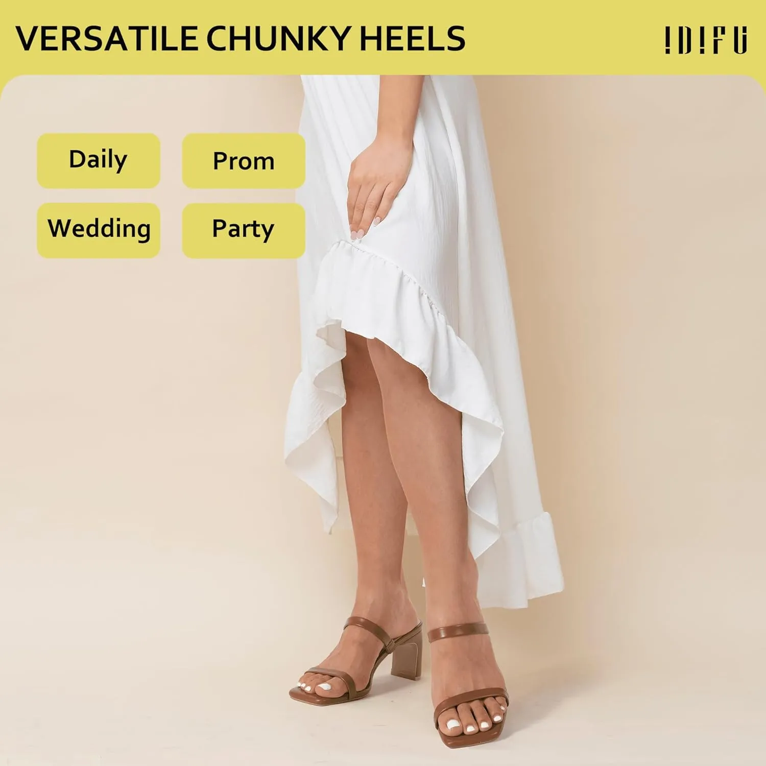 IDIFU IN3 Chunky Heels For Women Low Block Square Open Toe Heels Two Strap Slip On Comfortable Slides Heeled Sandals Sexy Wedding Prom Party Dress Shoes Cute Mule Short Heels