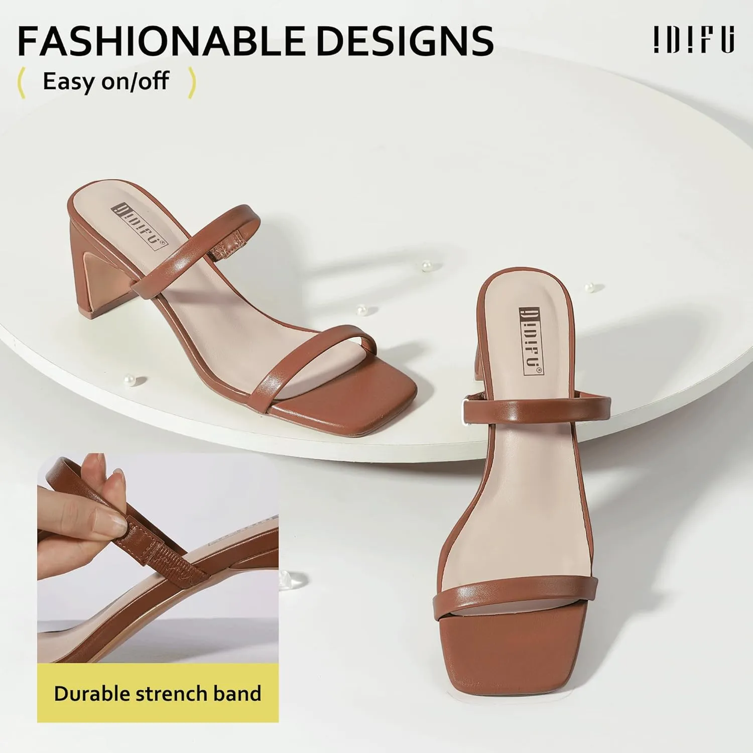 IDIFU IN3 Chunky Heels For Women Low Block Square Open Toe Heels Two Strap Slip On Comfortable Slides Heeled Sandals Sexy Wedding Prom Party Dress Shoes Cute Mule Short Heels