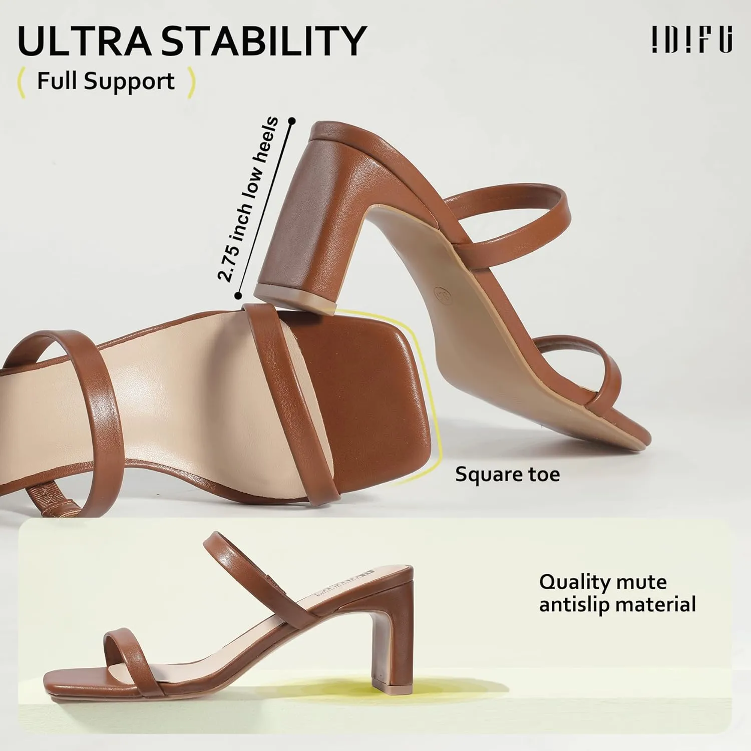 IDIFU IN3 Chunky Heels For Women Low Block Square Open Toe Heels Two Strap Slip On Comfortable Slides Heeled Sandals Sexy Wedding Prom Party Dress Shoes Cute Mule Short Heels